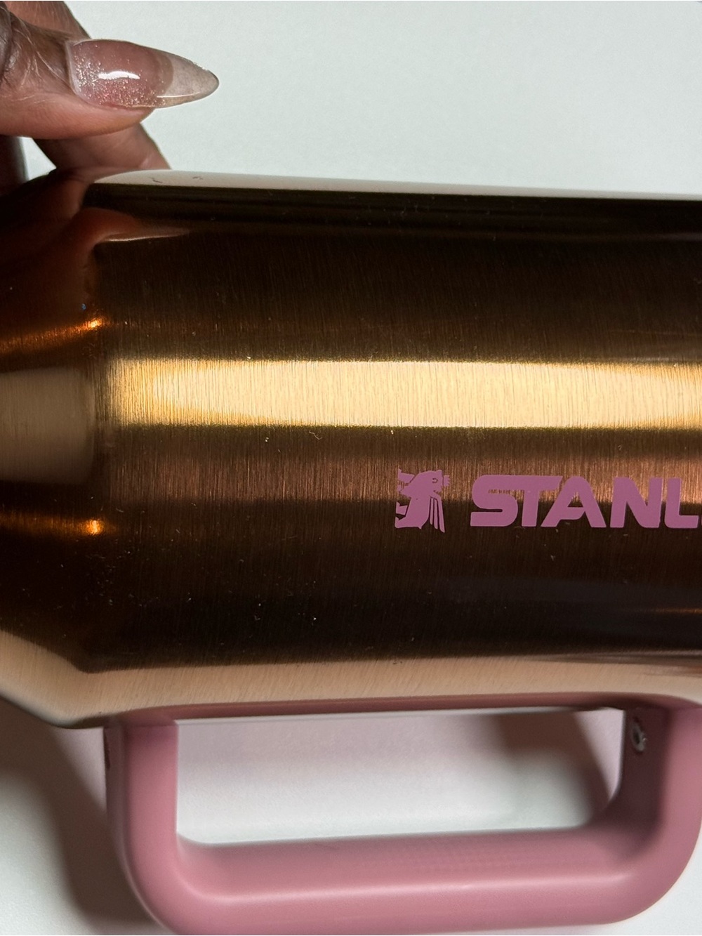 Stanley Metallic Gold Travel Mug with Pink Handle 40oz